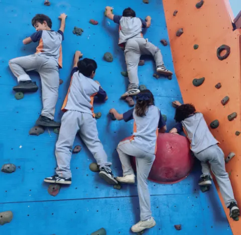 Alumnos subiendo muro de escalada